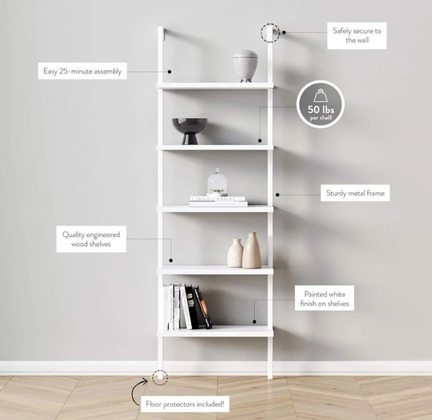 Theo Ladder Bookcase – White Metal & Wood Shelves thumbnail