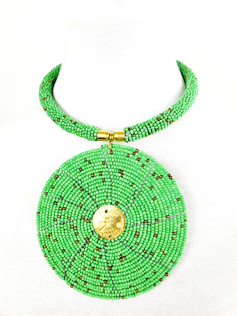 Lovely handmade African beaded green necklace with brass parts. thumbnail