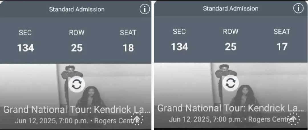 Kendrick Lamar & SZA - 06/12/25, Sec 134, Row 25, Seats 17-18 thumbnail