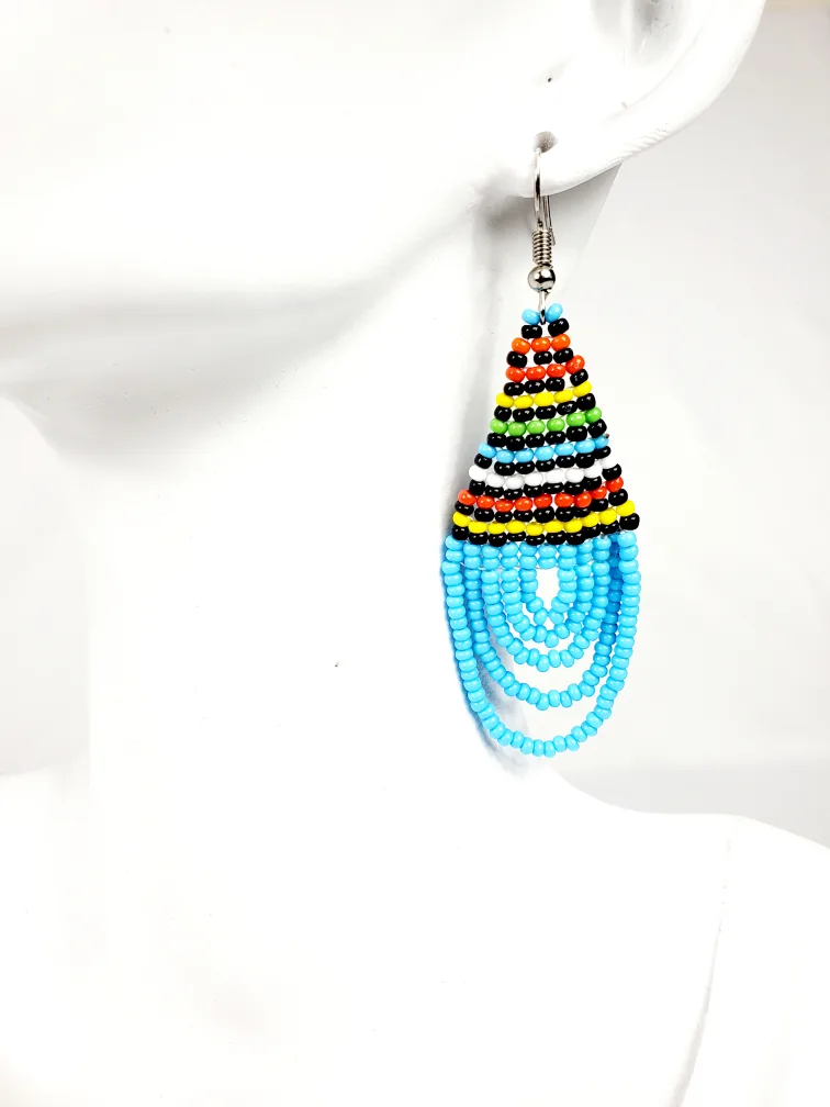Handcrafted African earrings made of blue and colorful beads thumbnail