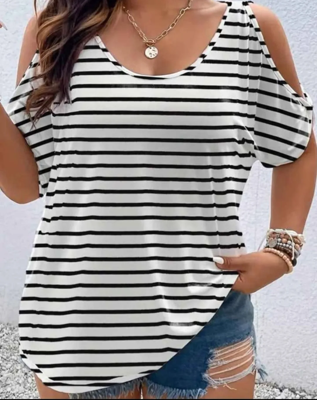 Striped cold shoulder top thumbnail