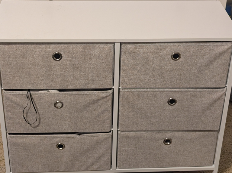 White Dresser with Grey Fabric Drawers