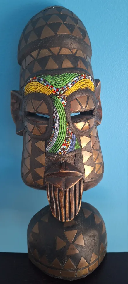 Vintage Hand  Carved African Mask with Brass and Beads thumbnail
