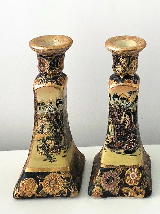 Pair of Vintage japanese satsuma-Style Candle Holders image indicator(2)