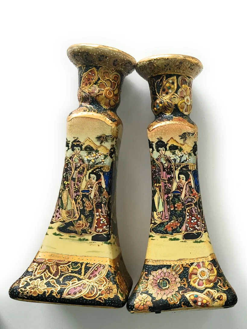 Pair of Vintage japanese satsuma-Style Candle Holders image indicator(3)