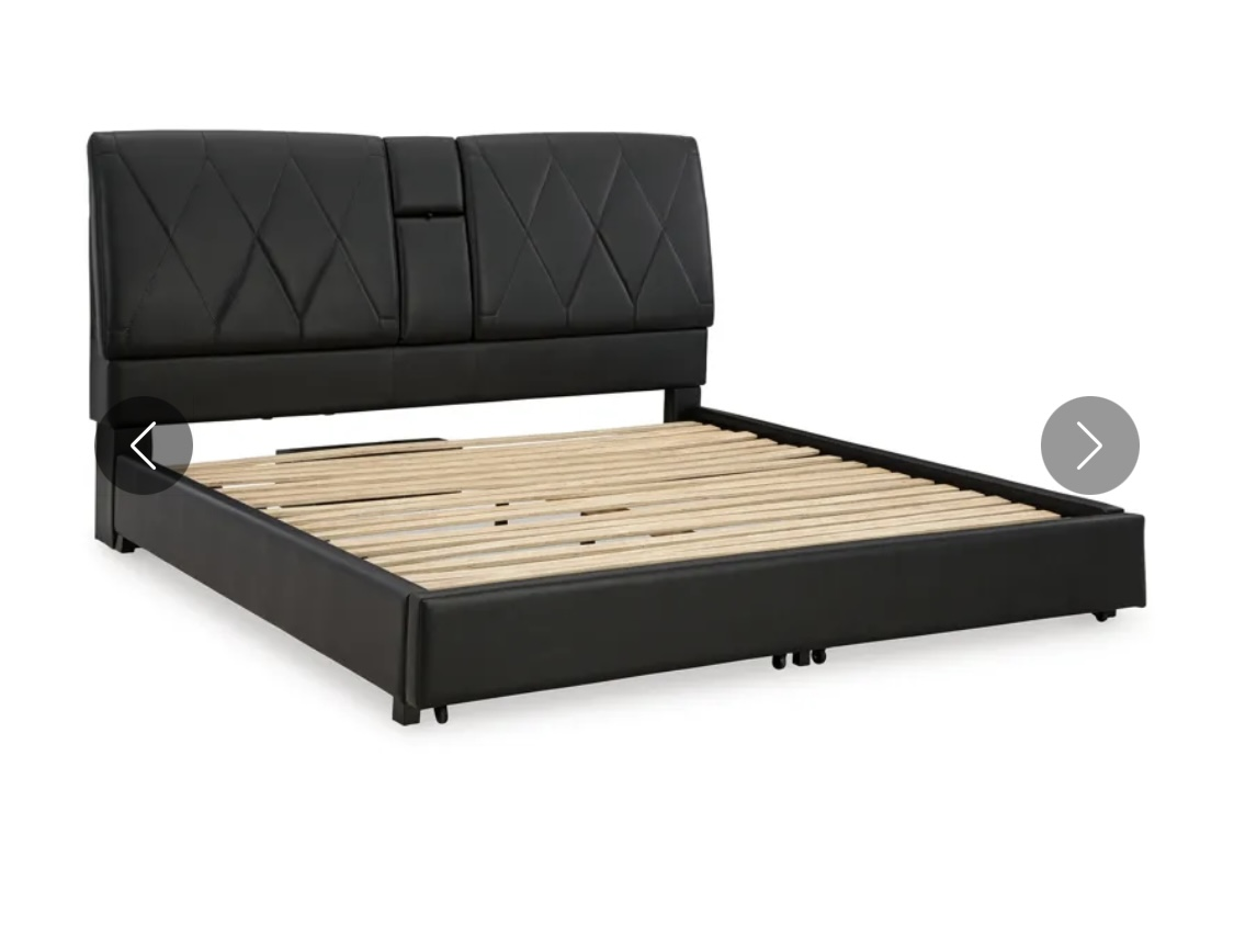 Black Faux Leather King Bed Frame w/ USB Ports - photo 3