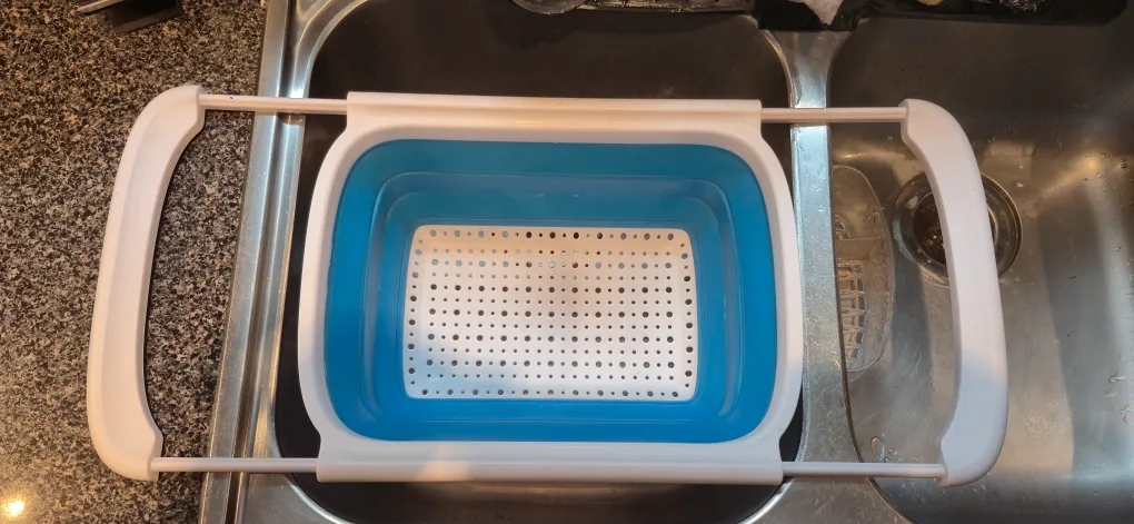 Pyrex Glass Folding Sink Colander Blue and White Ceramic Cup image indicator(2)