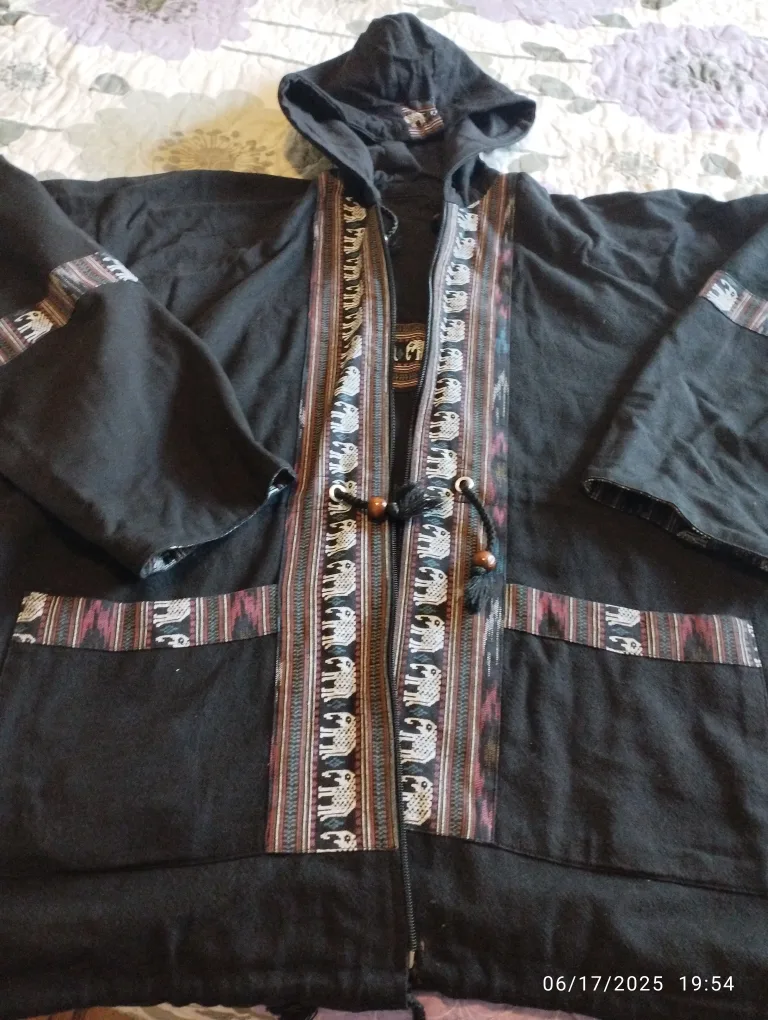 Hooded black coat with decorative trim thumbnail
