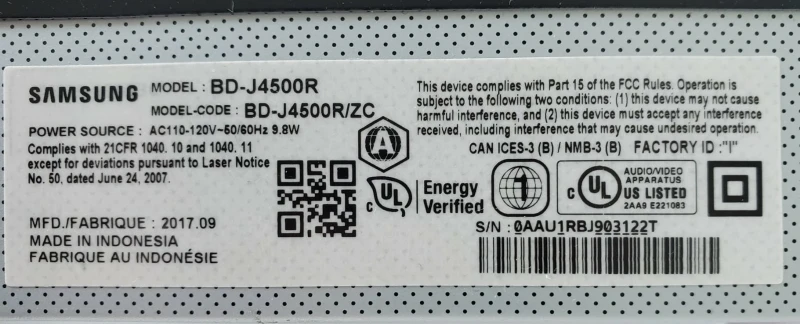 Samsung BD-J4500R Blu-Ray Player w/ Remote