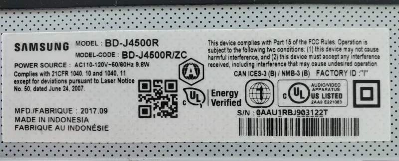 Samsung BD-J4500R Blu-Ray Player w/ Remote thumbnail