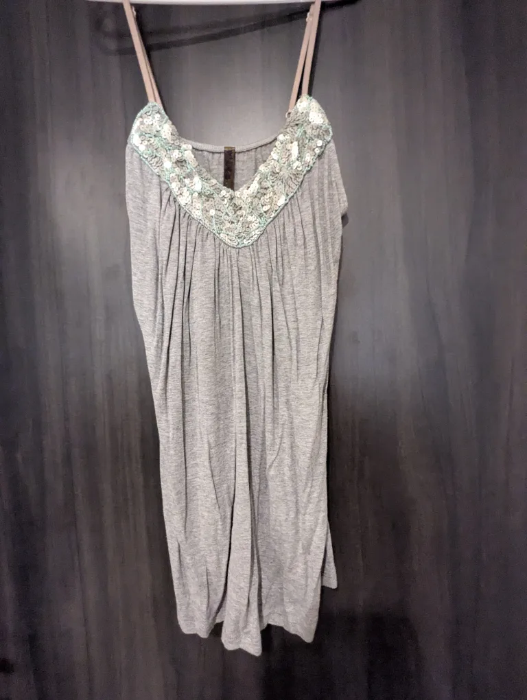 Grey tank top with silver and turquoise embellishments thumbnail
