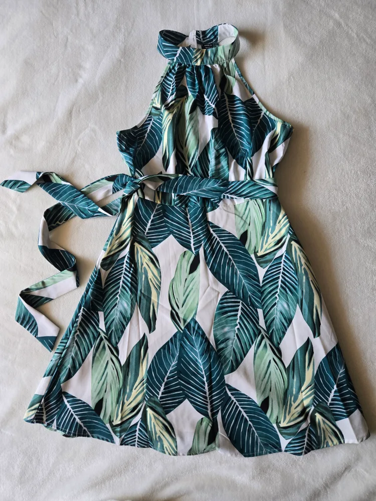 Shein Halter Neck Leaf Print Dress thumbnail
