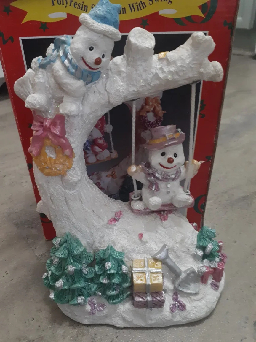 vintage snowman with swing decor polyresin thumbnail