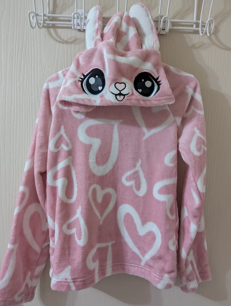 Girls Fluffy Fleece Pink Bunny Blanket Hoodie thumbnail