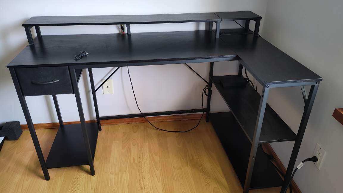 Black L-Shaped Gaming Desk with LED Lights