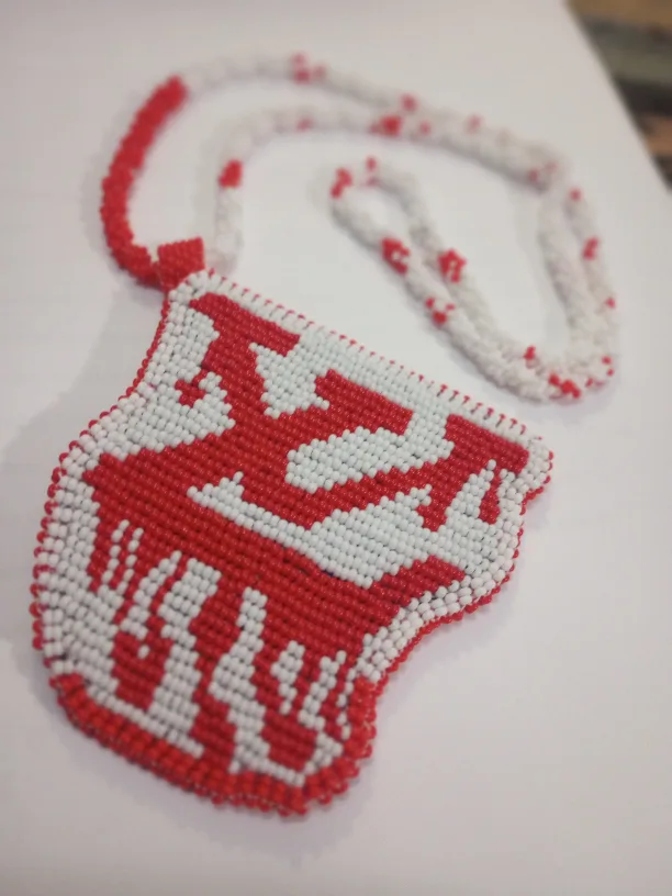 Handmade Seed Beaded Medallion - Red & White LV thumbnail
