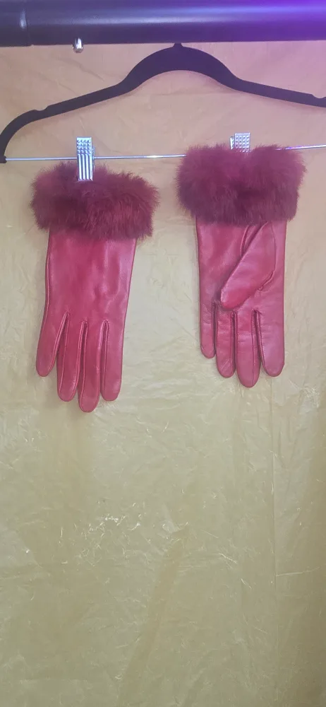 Red Leather Gloves with Fur Trim thumbnail