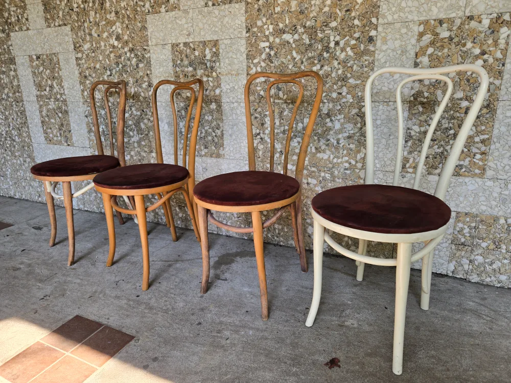 Set Of 4 Vintage Bentwood Chairs With Brown Suede Seats thumbnail