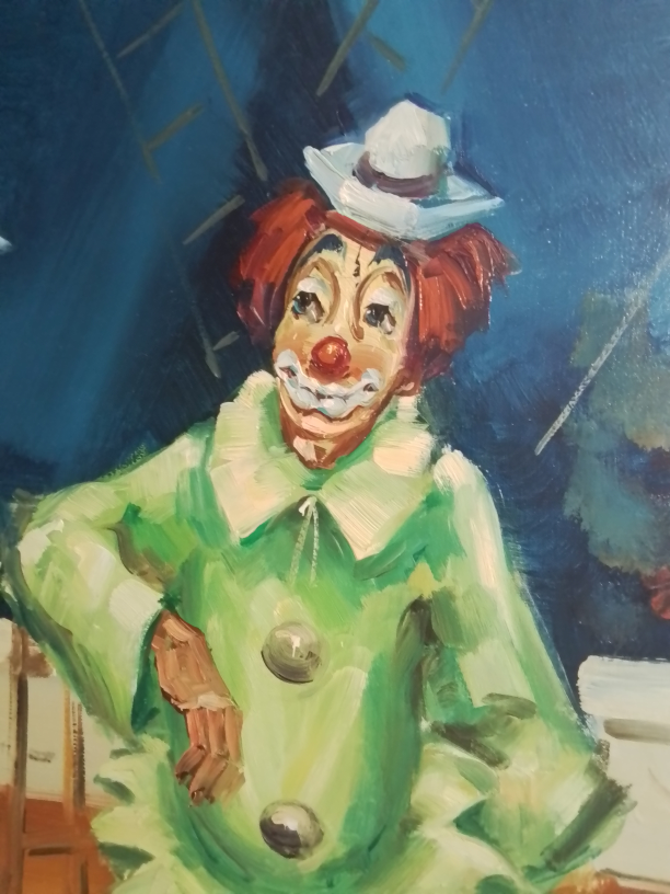 Vintage Framed Oil Painting – Circus Clown and Performers Scene - photo 2