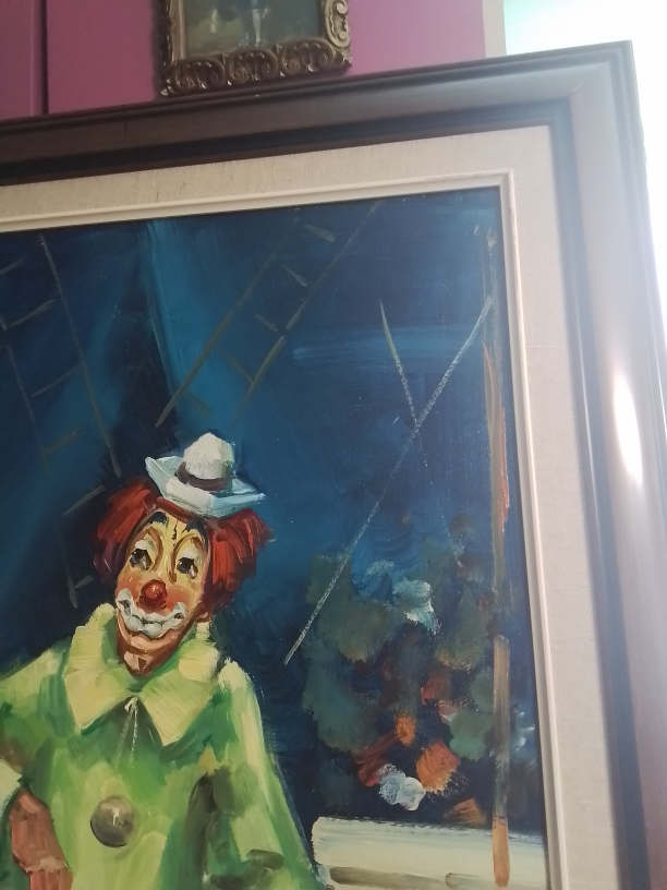 Vintage Framed Oil Painting – Circus Clown and Performers Scene - photo 4