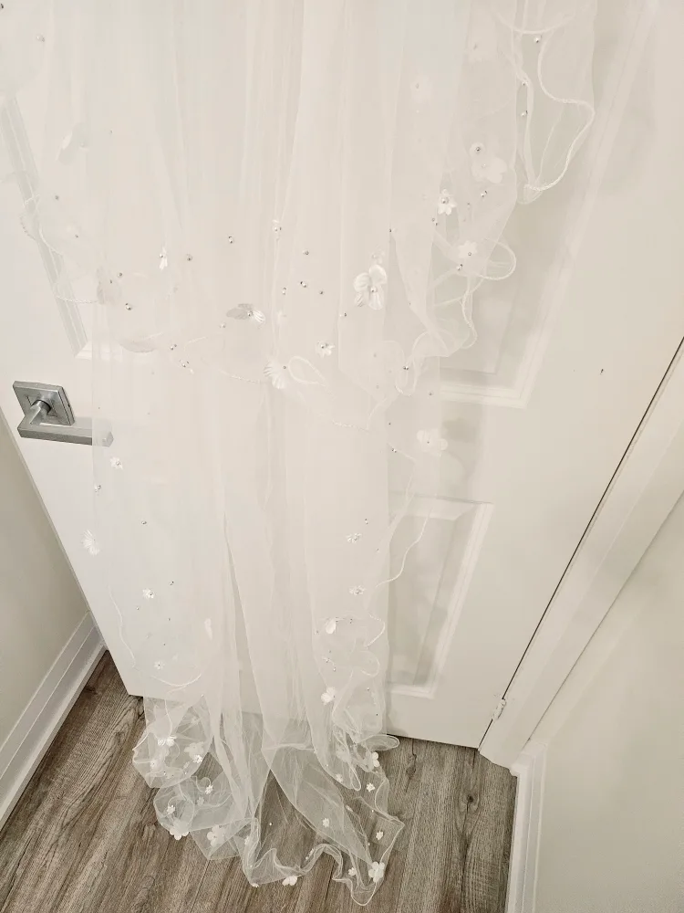 2 Tier Ivory Long Wedding Veil with Floral Accents and comb image indicator(2)