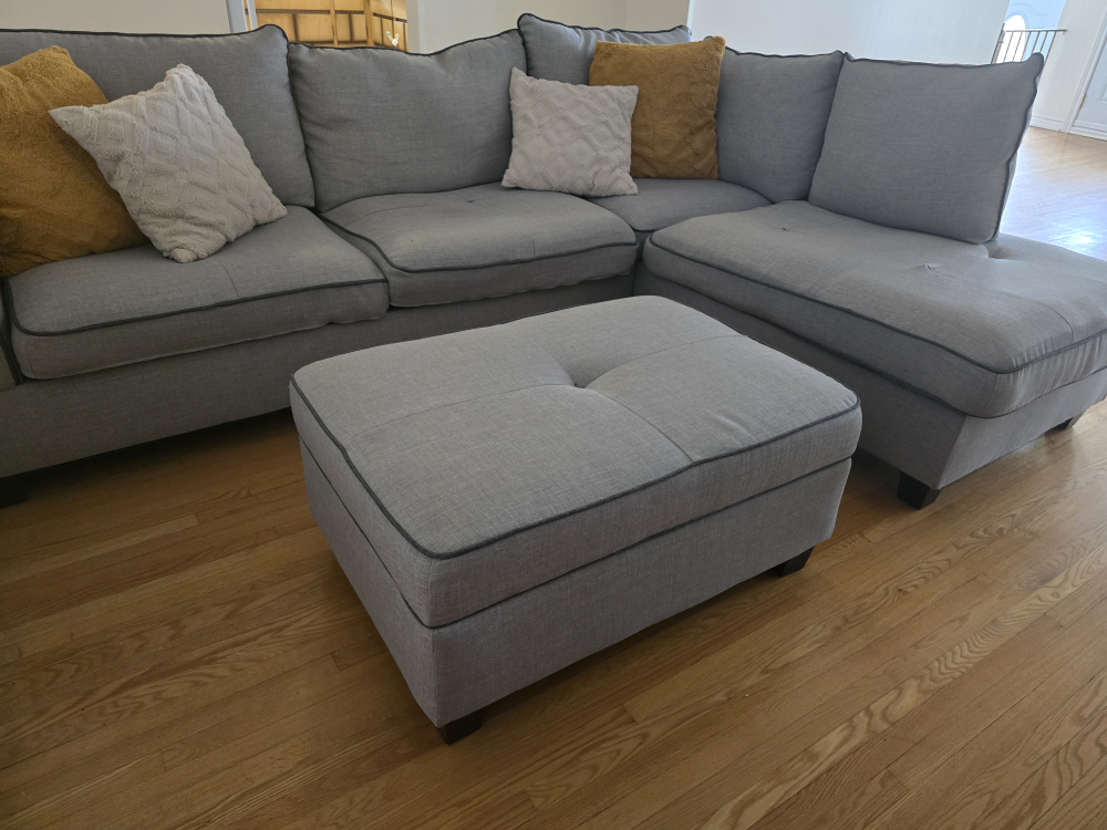 Grey Linen sectional including Ottoman Storage Cube and cushions