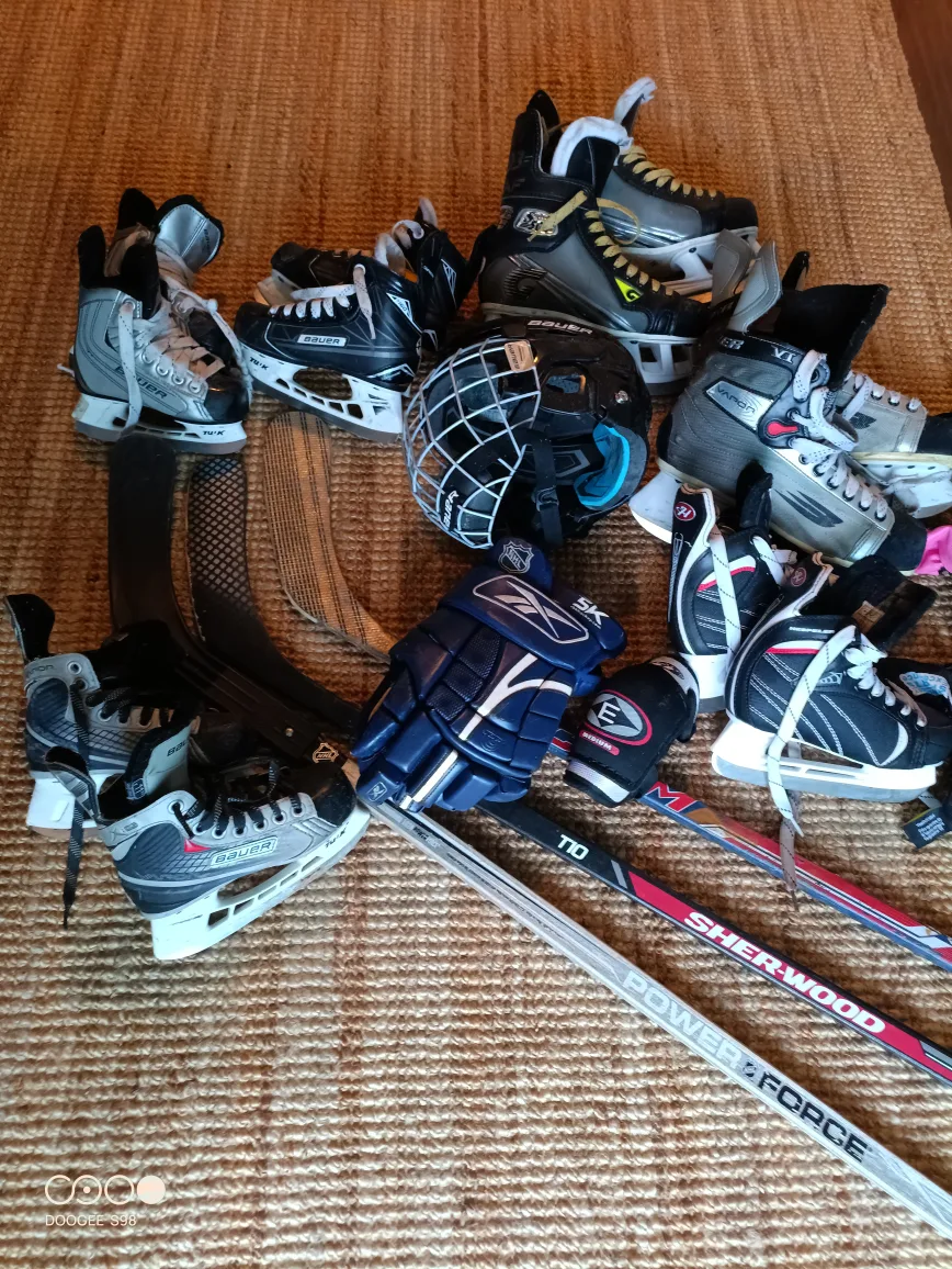 All Hockey Gear Lot –6 Skates + Helmet + Glove + 3 Sticks thumbnail