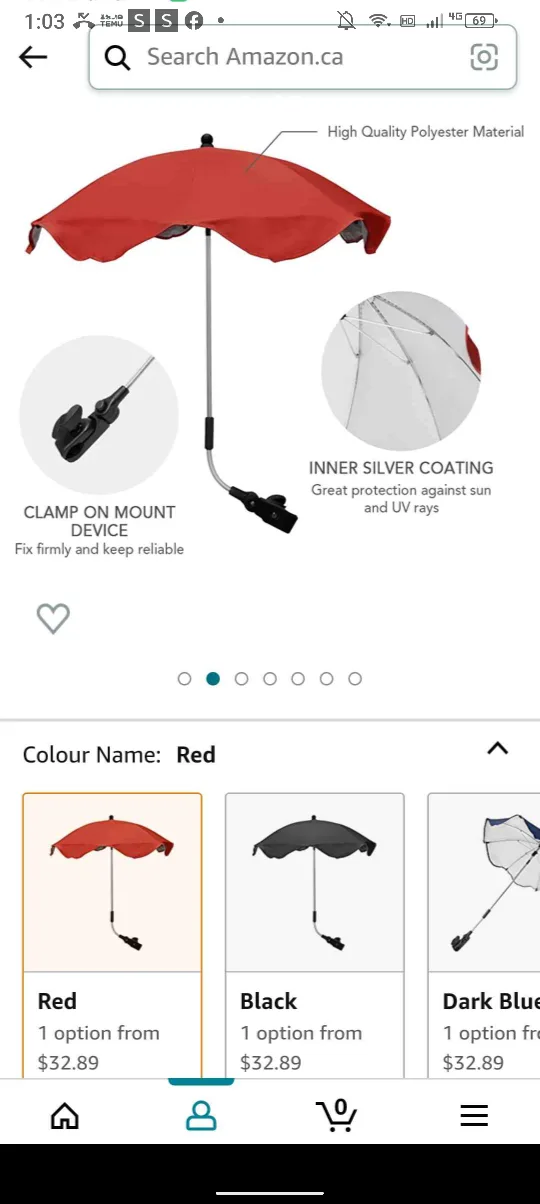 Red Outdoor Sunshade Umbrella - Clamp-On Beach Chair NEW image indicator(2)