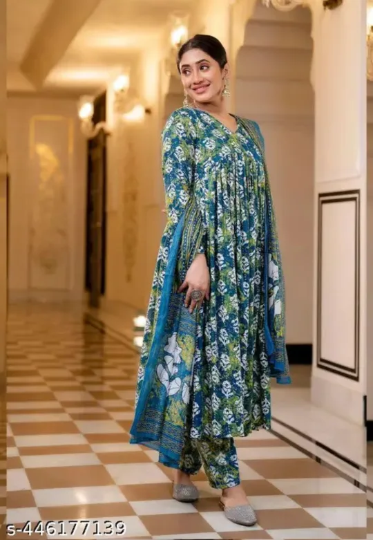 Blue Floral Print Anarkali Kurti with Dupatta & Pants image indicator(2)