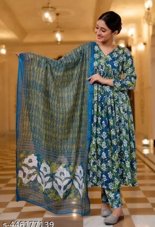 Blue Floral Print Anarkali Kurti with Dupatta & Pants image indicator(3)