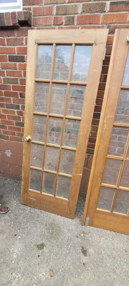 vintage french pair of Oak Wooden Framed Glass Doors