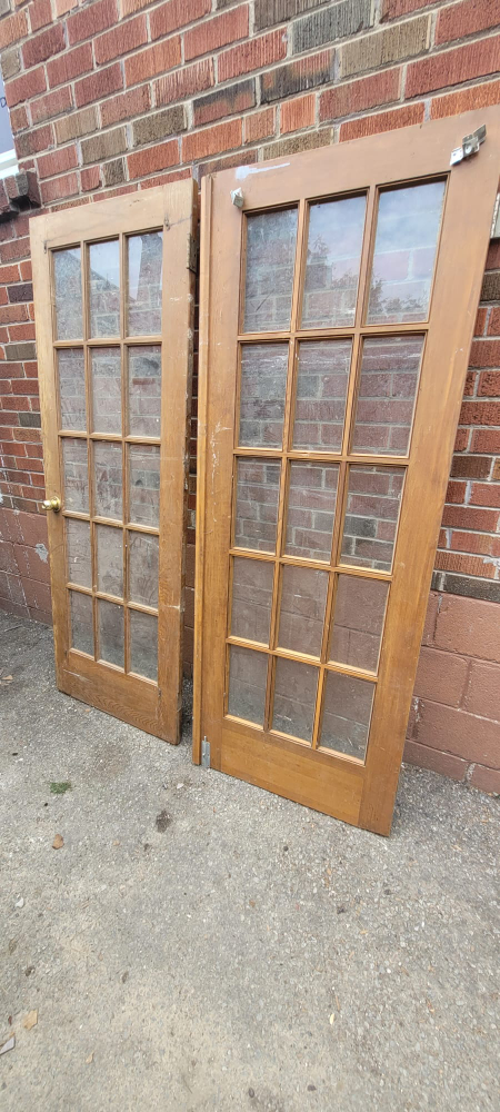 vintage french pair of Oak Wooden Framed Glass Doors - photo 2