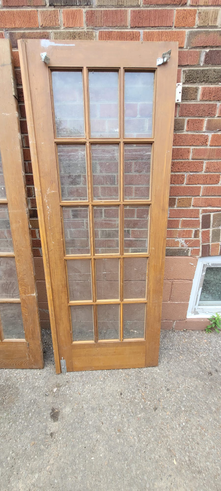 vintage french pair of Oak Wooden Framed Glass Doors - photo 3