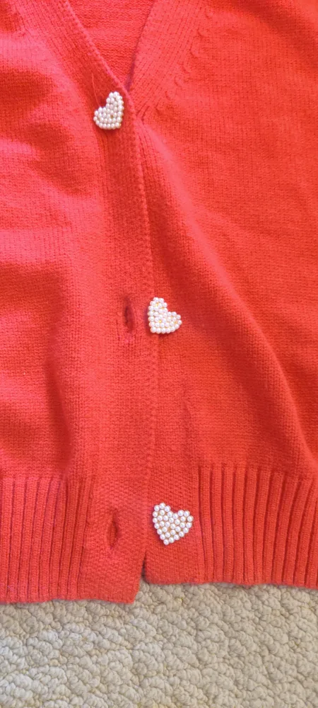 Red Cardigan Sweater with Heart Buttons image indicator(3)