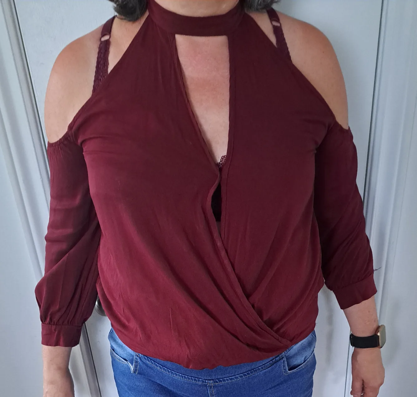 Shein - Maroon Cold Shoulder Long Sleeve Blouse - Size L thumbnail