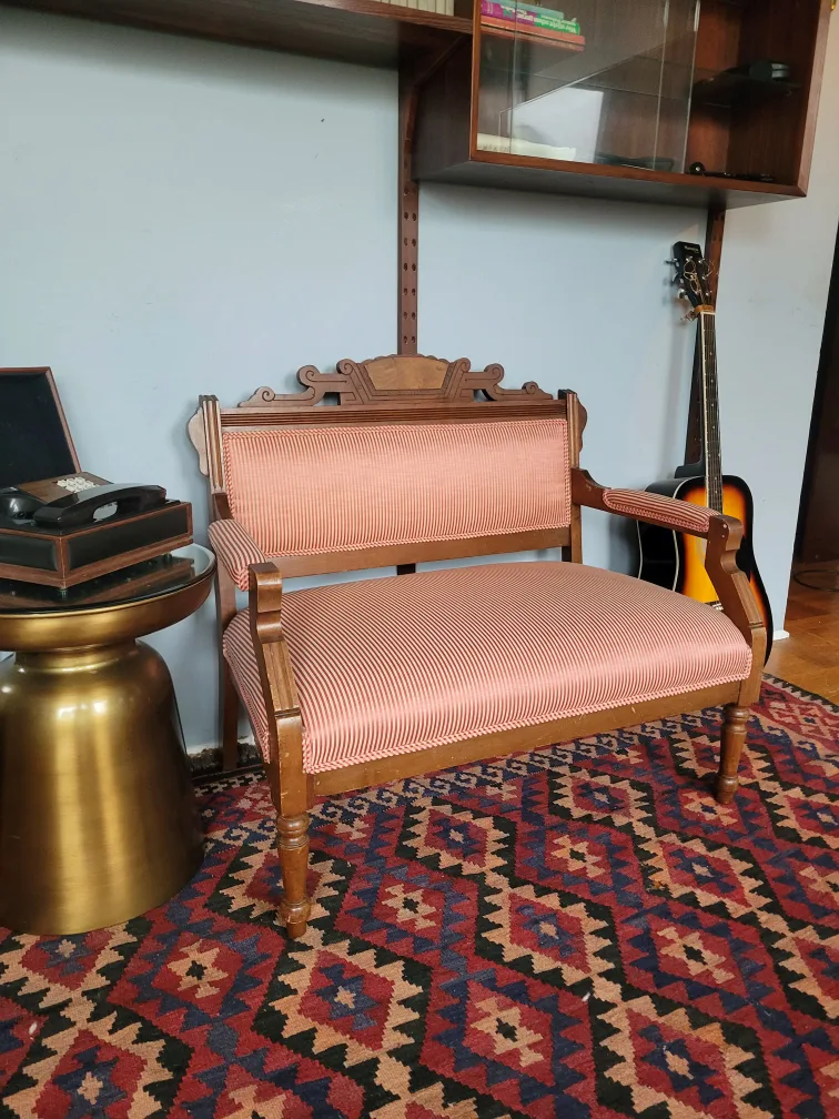 Vintage Carved Mahogany Frame Stripped Settee thumbnail