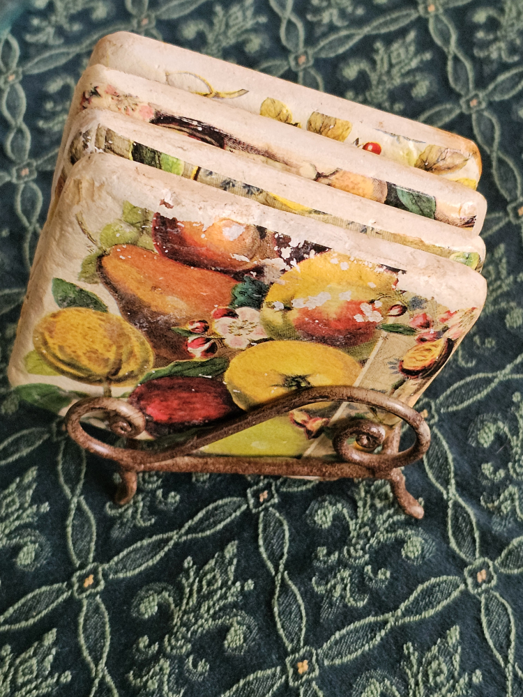 Set of Fruit Coasters with Metal Holder