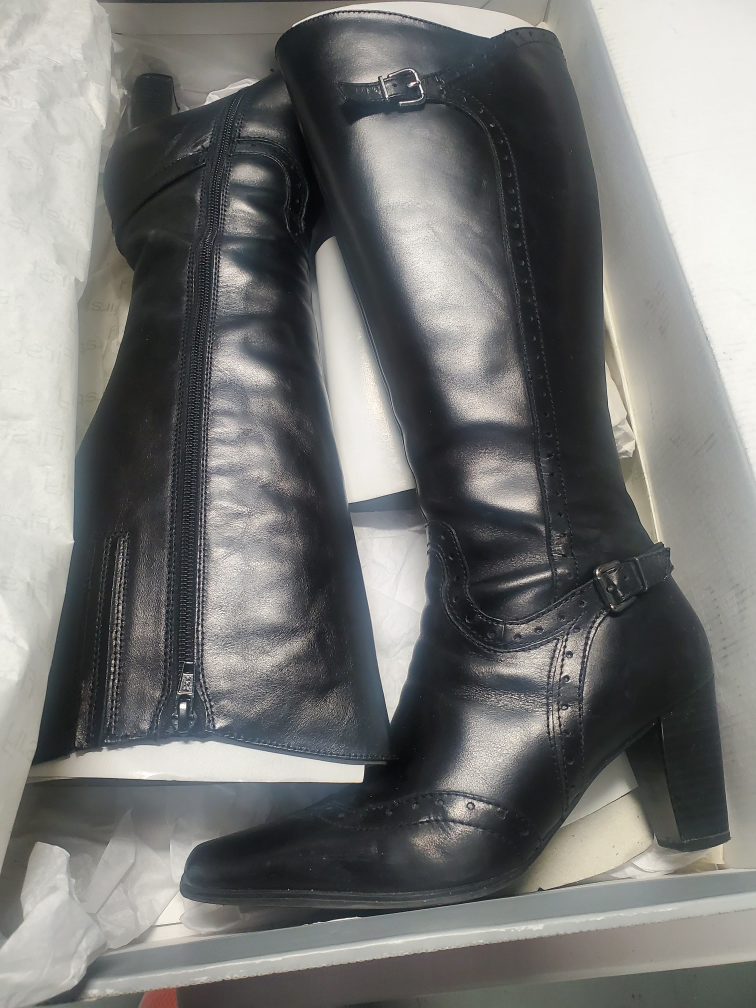 First Black Leather Knee High Boots