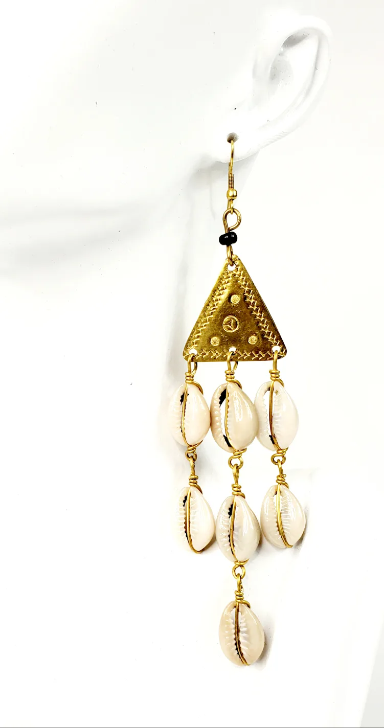 Unique African Earrings in Brass With Cowrie Shells thumbnail