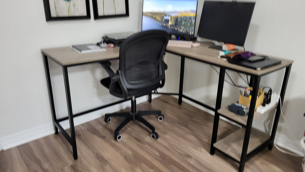 L-Shaped Computer Desk with Chair and 2 monitors - photo 2