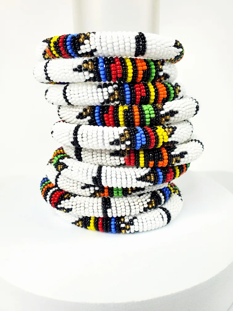White  Hand-beaded African Bracelets from Kenya thumbnail