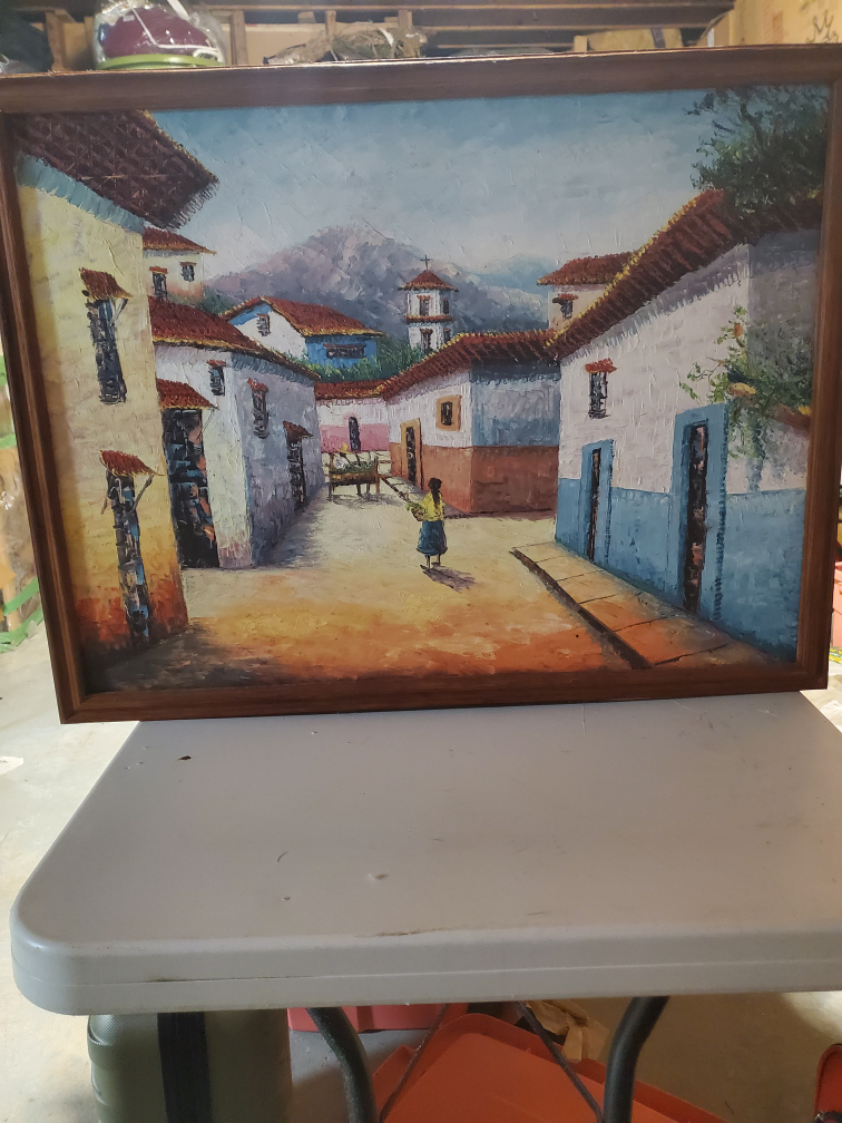 Framed Village Scene Painting