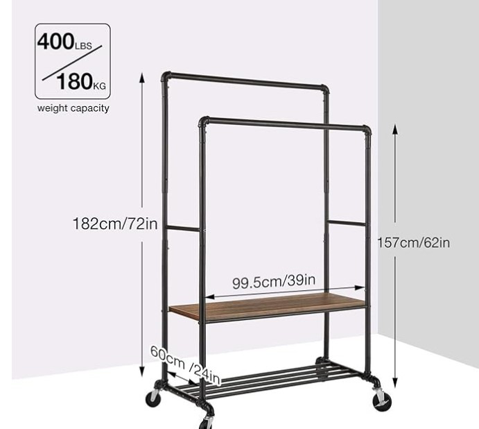 Rolling Double Rod Clothes Rack with Shelves