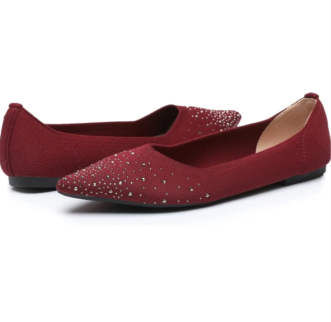 VenusCelia Rhinestone Flats, Wine Knit Pointed Toe Slip-On thumbnail