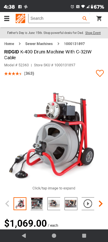 RIDGID K-400 Drum Auger With C-32IW Cable