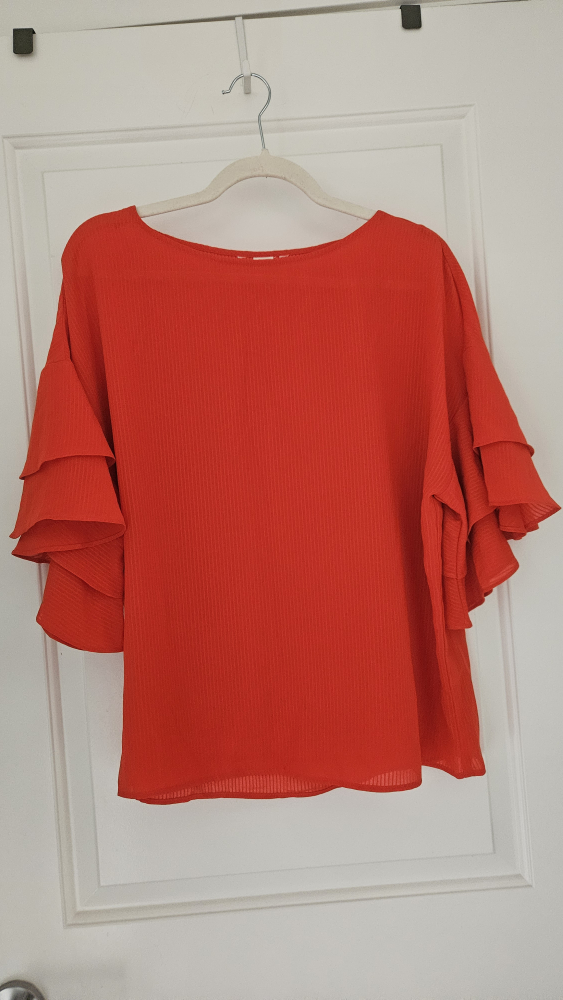 Coral / Red Ruffle Sleeve Top / Blouse, Size Large (8-10)