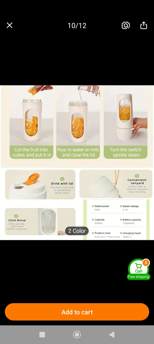 New USB Portable Electric Juice Cup Blender(green) with box image indicator(4)