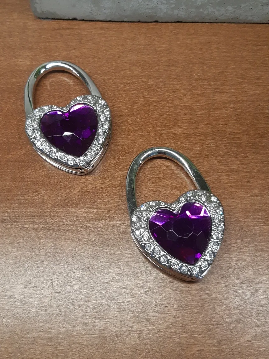 Set of 2 purple heart rhinestone purse charms / holders thumbnail