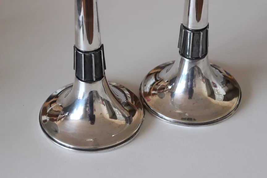 Sterling Silver Pair Tall Midcentury Modern Candlesticks (READ) image indicator(3)