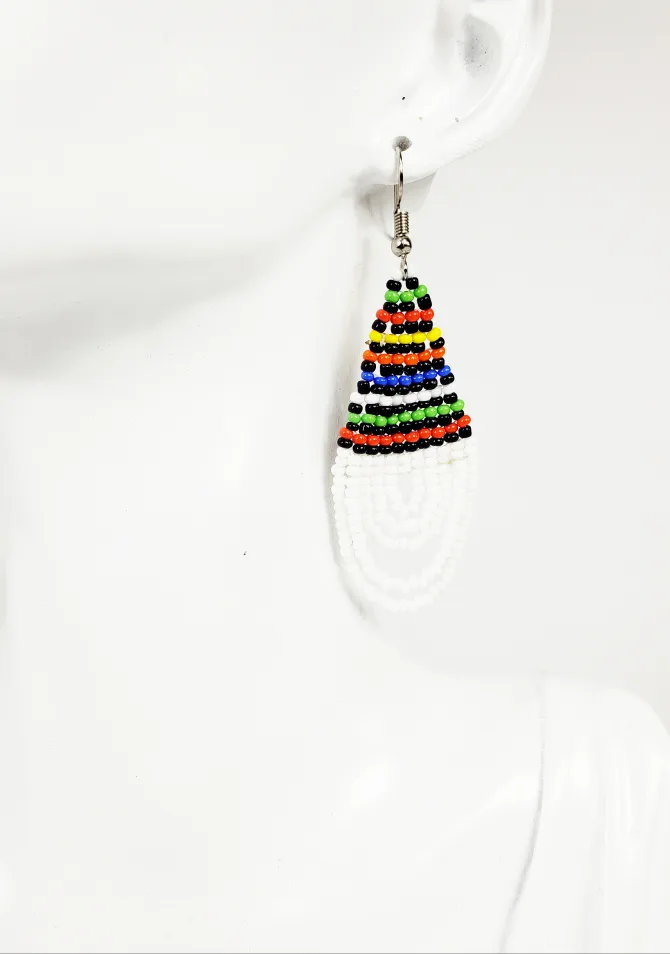 Handcrafted African earrings made of white and colorful beads thumbnail